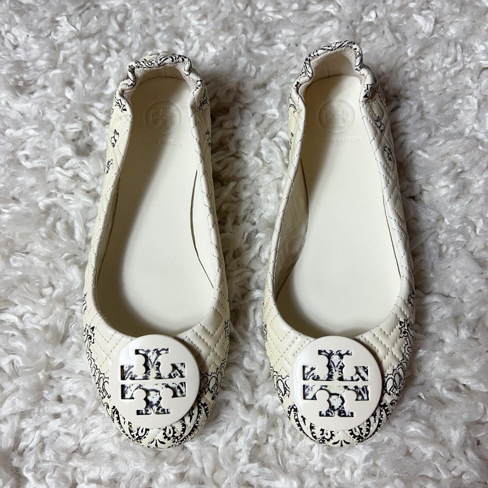Tory Burch Minnie Quilted Travel Ballet Flat Leather Logo Sz 6.5